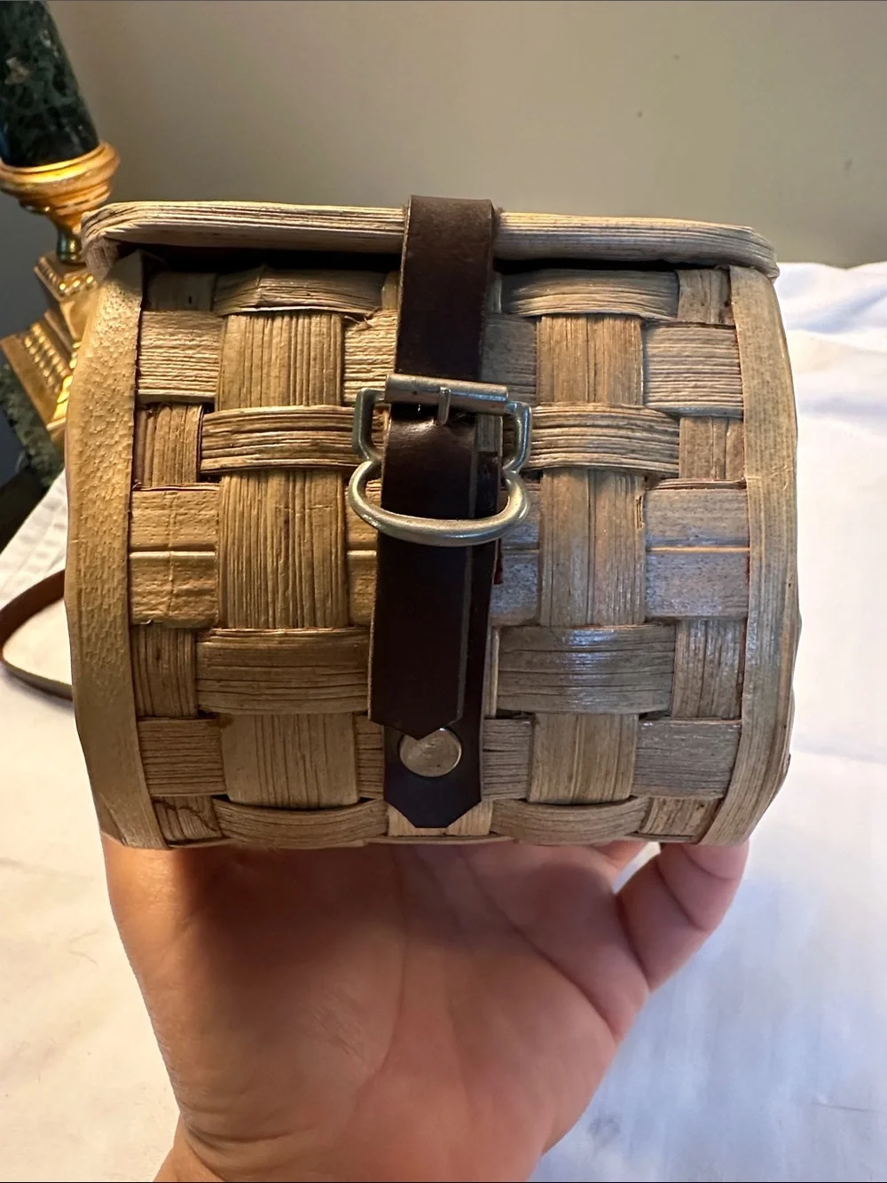 Woven Straw Crossbody Bag with Brown Leather Strap